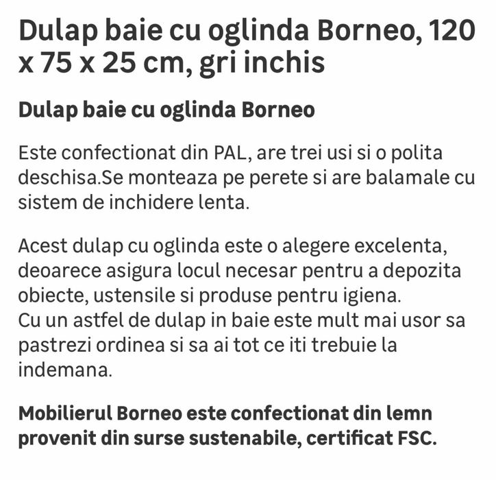 Dulap baie oglindă 120 cm Borneo – NOU, montat, gri închis