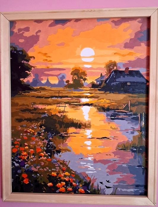 Tablou pictat manual - Apus de soare la țară, 40x50 cm cu ramă lemn