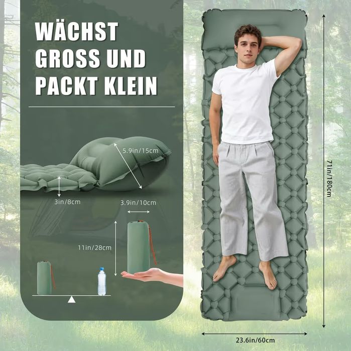 Saltea de camping inflatabilă cu pompă integrată și pernă, verde militar, nouă, drumeții / cort