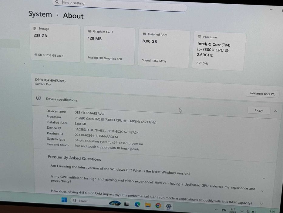 Microsoft Surface Pro 5 i5-7300U/8RAM/256SSD/Intel HD 620/QHD Touch