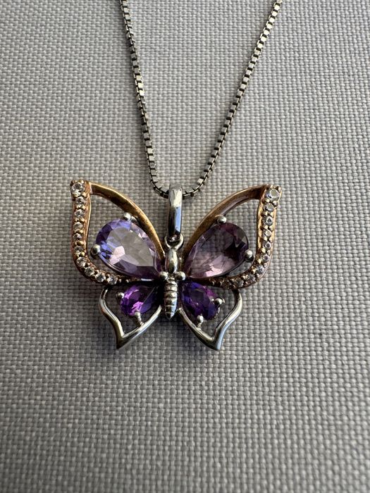 Pandantiv argint si aur Safire si ametiste. Lant argint.