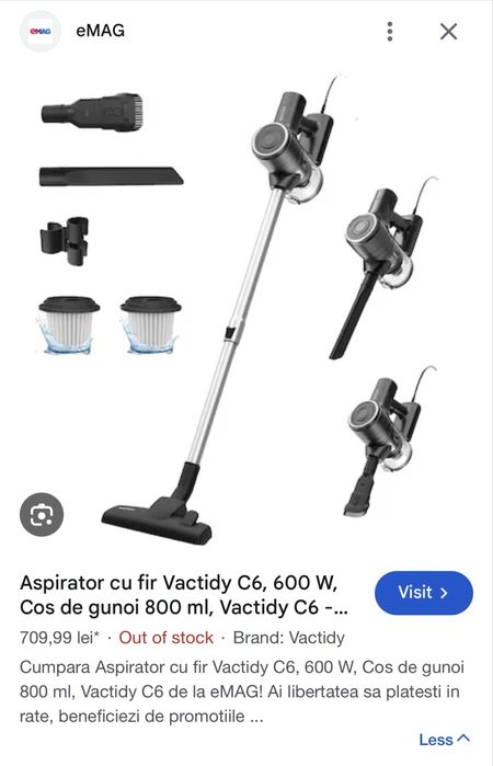 Aspirator cu fir Vactidy C6, 600 W, Recipient gunoi 800 ml