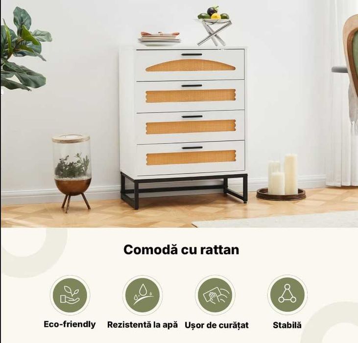 Comoda ratan 4 sertare manere si picioare metalice – dulap depozitare dormitor/living -LIVRARE GRATUITA !