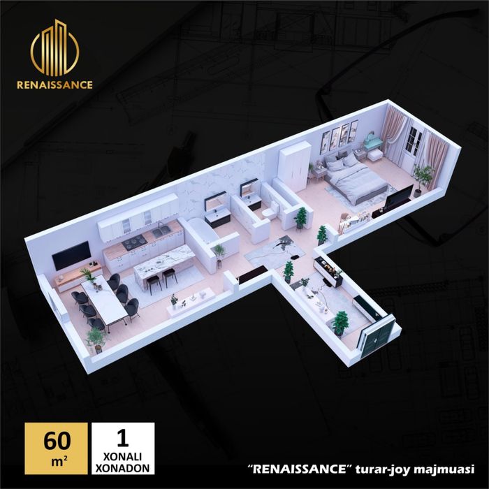 1 комнатная квартира, 60кв.м 5-этаж