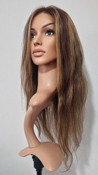 Естествена перука, кафява с руси кичури, 60 см, Lace 4х4