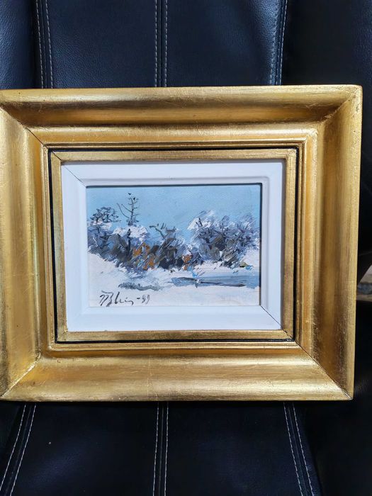 Tablou original Blei Nicolae - peisaj de iarna 18,5 x 19 cm, semnat