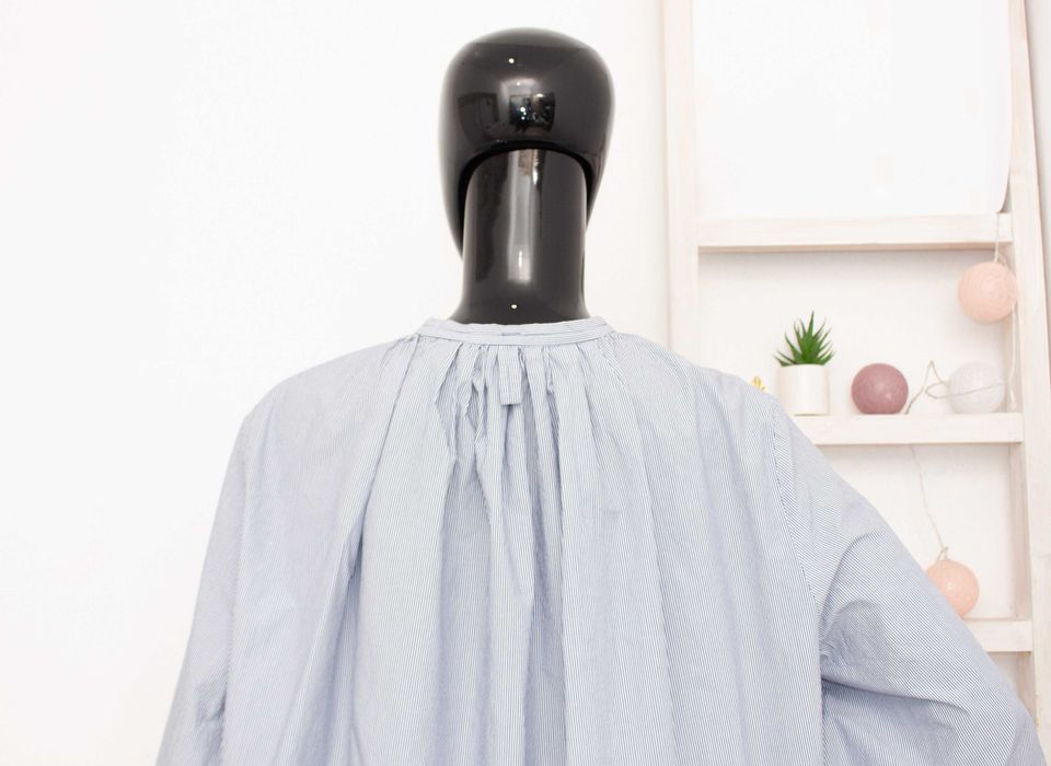 COS дамска риза синьо райе балон ръкави памук овърсайз 38 S