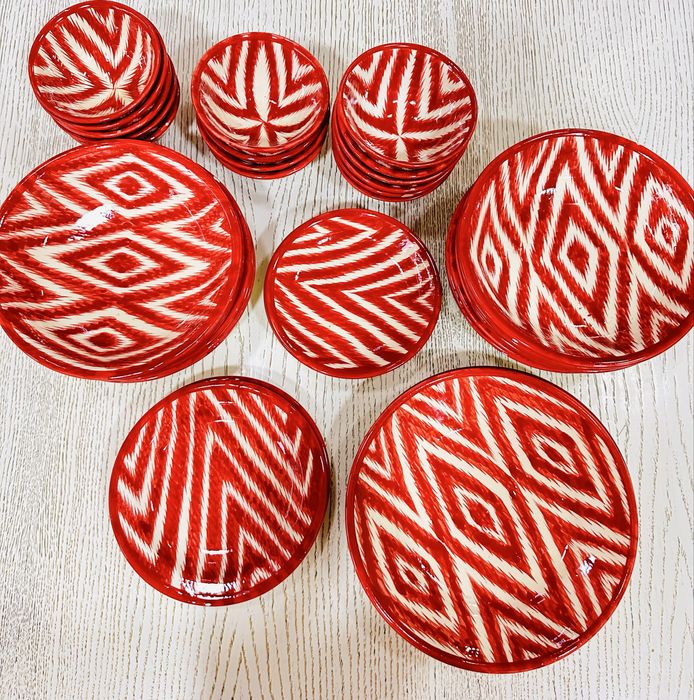 Qizil oq Atlas guli idishlar,sopol idishlar,milliy,33 tali,посуды