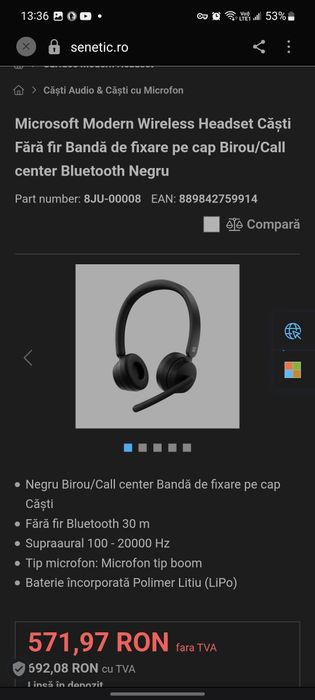 Microsoft Modern Wireless Headset Căști Fără fir Bandă de fixare pe cap Birou/Call center Bluetooth Negru