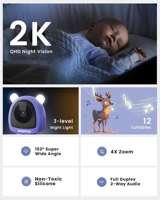 BOOPOO Smart Baby Monitor 2K, нощно виждане,откриване на плач,2.4/5GHz