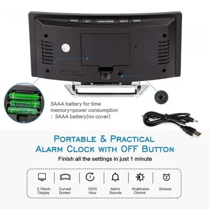 Ceas de Birou Tip Oglinda, Ecran Curbat cu Led, Mod Noapte/Zi, Alarma