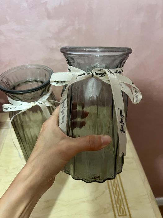 2 вазы набор серое стекло