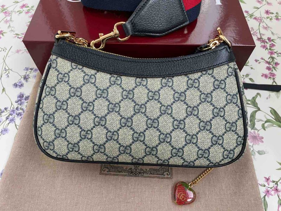 Оригинална Чанта Gucci Ophidia Синя Кожа Бежов Canvas Гучи Златно Gold GG Лого и Синджир