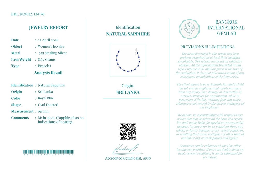 Сребърна тенис гривна с натурални Сапфири Royal Blue от Шри Ланка със сертификат