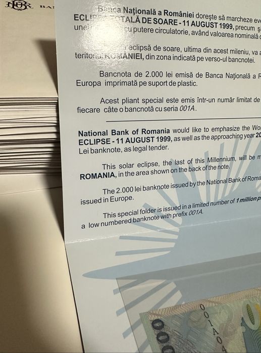 Serie 001A 10 bancnote consecutive 2000 lei Eclipsă 1999 țiplă