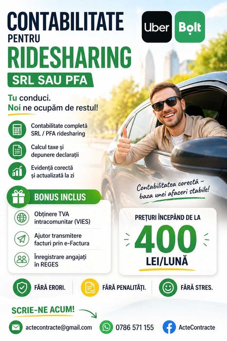 Contabilitate ridesharing (Uber, Bolt) SRL sau PFA