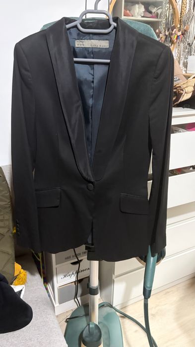 Sacou Zara negru stofă cu guler satinat S