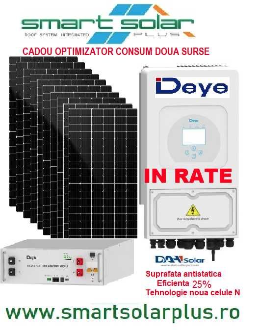 KIT fotovoltaic Prosumator Deye 6kw/ PV Aiko 8buc +5,2kwLifepo4 + presetare +transport + cadou optimizator