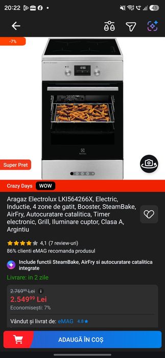 Aragaz Electrolux LKI564266X, Electric, Inductie, 4 zone de gatit, Booster, SteamBake, AirFry, Autocuratare catalitica, Timer electronic, Grill