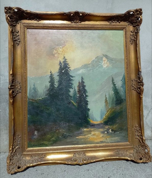Tablou Ulei pe pânză peisaj montan,o lucrare foarte veche semnata de