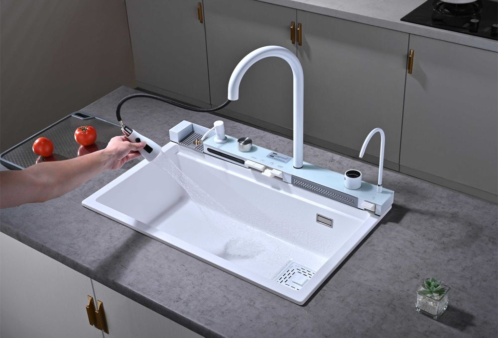 Бяла гранитна мултифункционална кухненска мивка с двоен водопад
