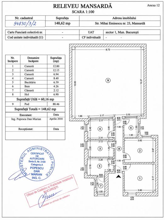 Vand apartament 147 mp (tot nivelul) la mansarda -  Eminescu nr.23 / Piață Romana