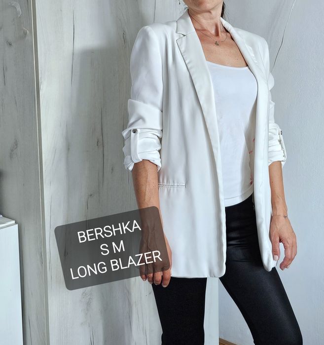 Sacou blazer alb Bershka S M lung elegant office casual căptușit