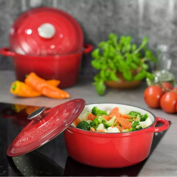 Oala din fonta emailata 4 litri, 24cm, cratita cu capac, rosu,