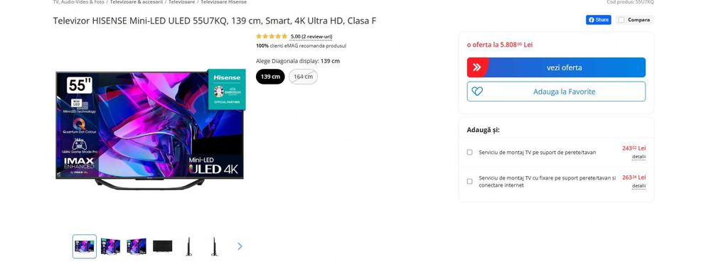 VAND Televizor HISENSE Mini-LED ULED 4K 139 CM 144HZ