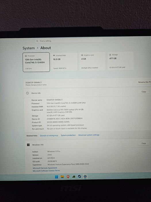 Laptop MSI Gaming RTX 3050