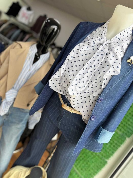 Деним сет сако и панталон с колан