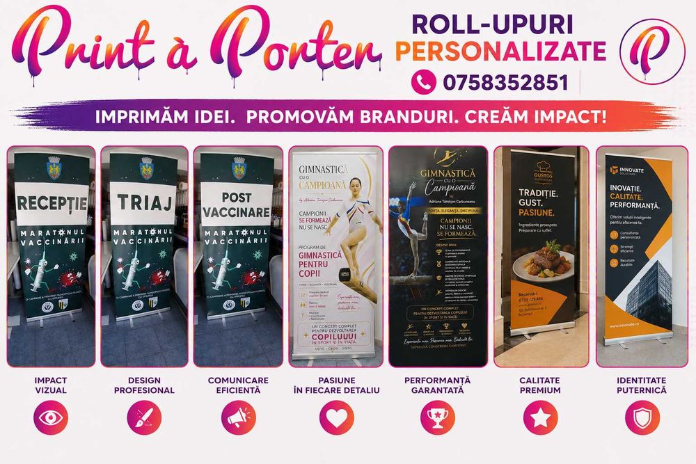 MEGA OFERTĂ ROLL UP PERSONALIZAT - Sistem din aluminiu,husa de protectie,grafica,print culori vibrante,finisaje exceptionale.MAI IEFTIN NU EXISTA