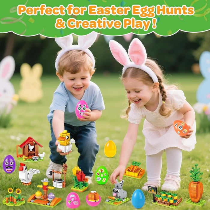 MOONTOY 12 великденски яйца,12 играчки-строителни блокчета и 4 стикера