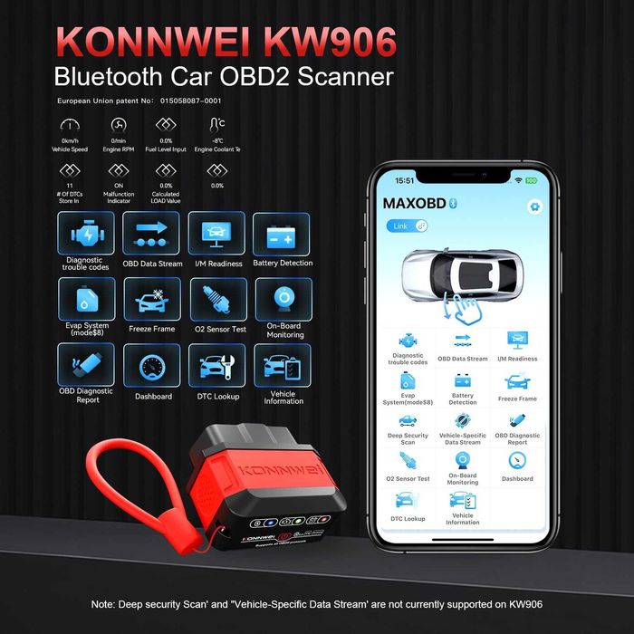 OBD2 диагностика KONNWEI KW906, Bluetooth 5.2 Android IOS съвместим OBDII