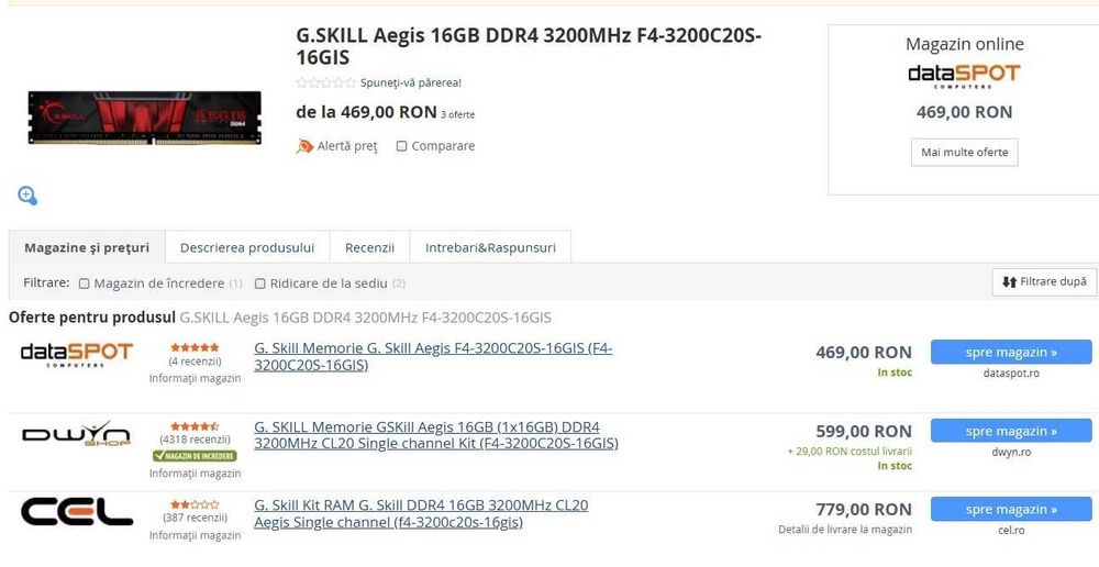 Memorie Ram 32 GB DDR4 3200 Gskill Aegis (2x16GB) CL20