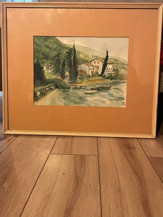 Tablou vechi original, acuarelă pe hârtie, peisaj cu bărci, an 1977, înrămat, semnat