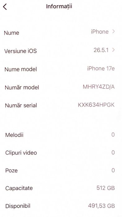 iPhone 17e, 512 GB, 8 GB RAM, 5G, Black, nou