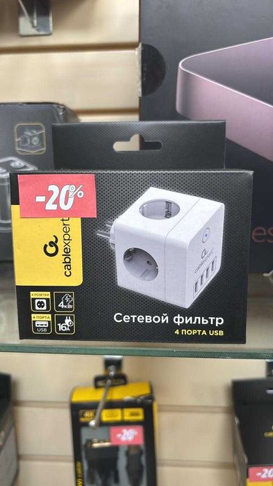 Сетевой фильтр Cablexpert Cube CUBE-4-U4-W, 4 р, 16А, 4хUSB