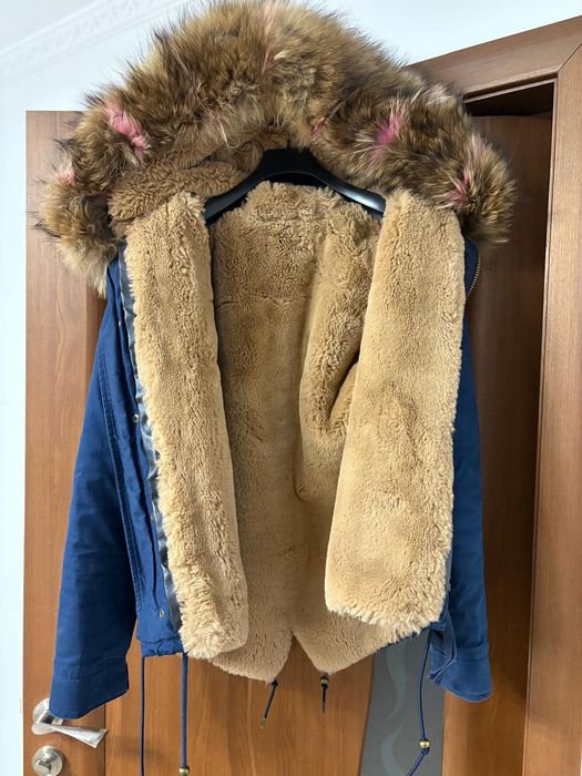 Geaca Parka blana naturala vulpe bleumarin