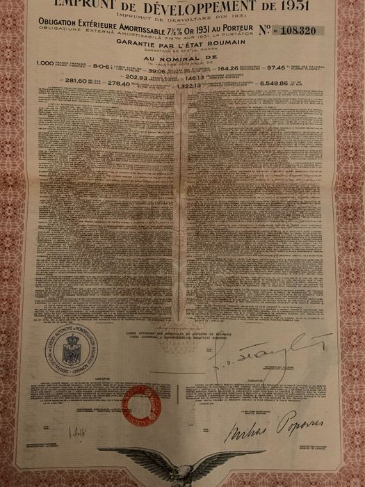 titlu stat 1000 franci aur 1931 Royaume de Roumanie bond neincasat