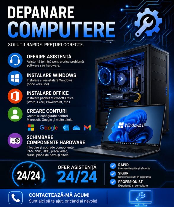 Depanare Computere ; Instalare Windows ; Office ; Schimbare componente ; Upgrade ; etc