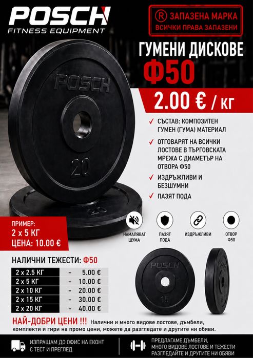Гумени тежести дискове2.5,5,10,15,20 кг ф50 гумени дъмбели лостове