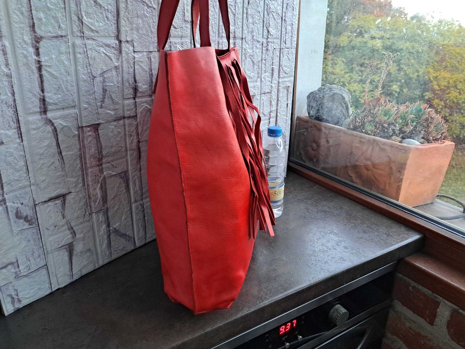 дамска кожена чанта,оранжева торба с ресни-естествена кожа