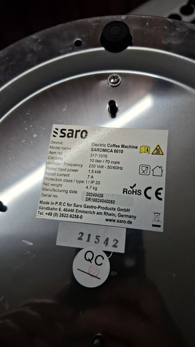 Кафе машина Saro Saromica 6010, до 70 чаши, 10 литра, сребриста