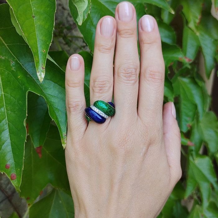 Inel designer Italia 1960, aur 18k cu email si diamante, certif.