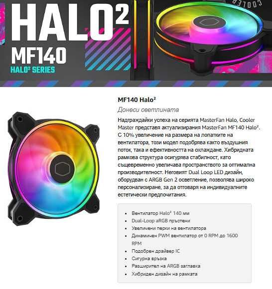 Вентилатор Cooler Master MasterFan MF140 Halo2, LED осветление ARGB