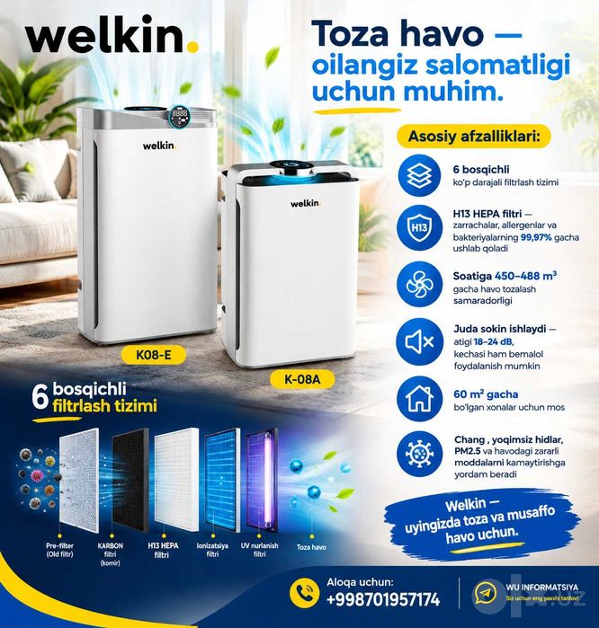 Welkin K-08A K-08E havo tozalagich garantiya talon va dostavka