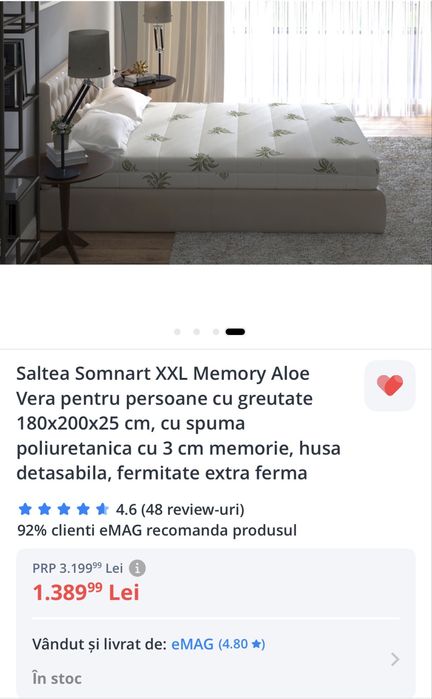 Saltea Somnart XXL Memory Aloe Vera 180x200x25 cm Pret:999 lei