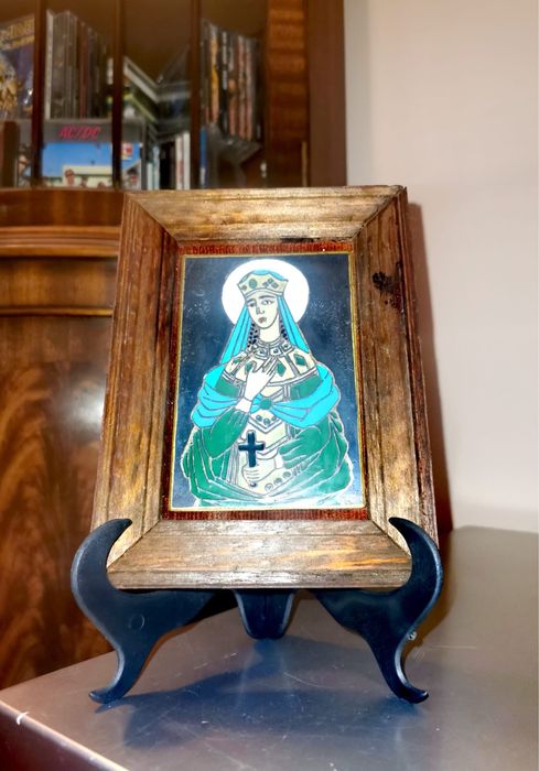 Антикварна икона емайлиран метал в дървена рамка ръчно изработена
