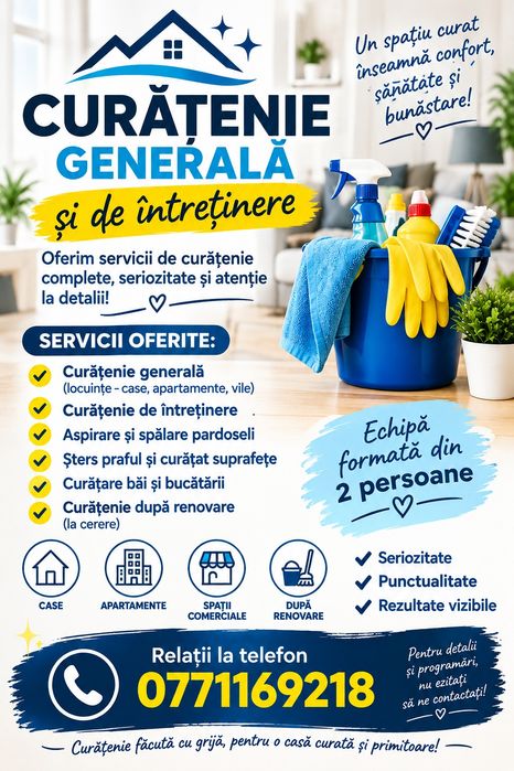 Oferim servicii de curățenie generală și de întreținere